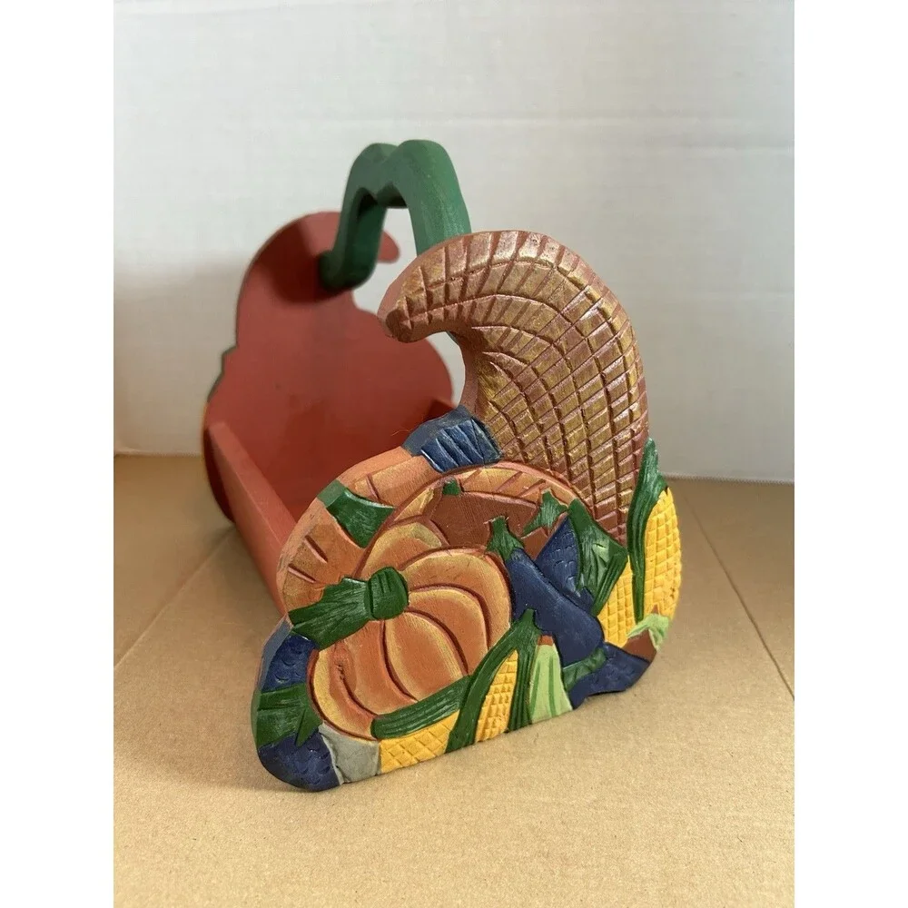 Hand Carved Wood Basket Cornucopia Fall Harvest Decor Rustic 8in Farmhouse